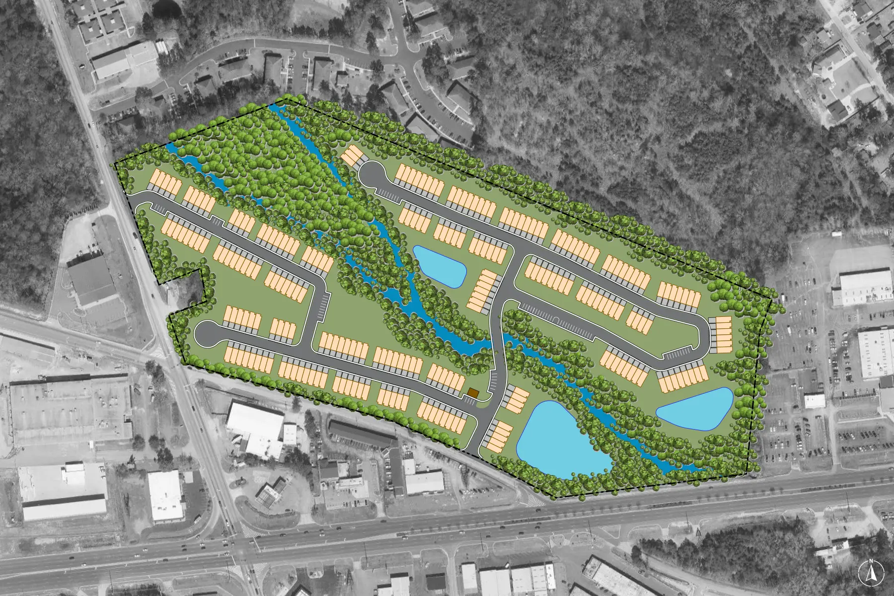 Illustrated site plan for The Branch at Rocky Creek over an aerial photograph