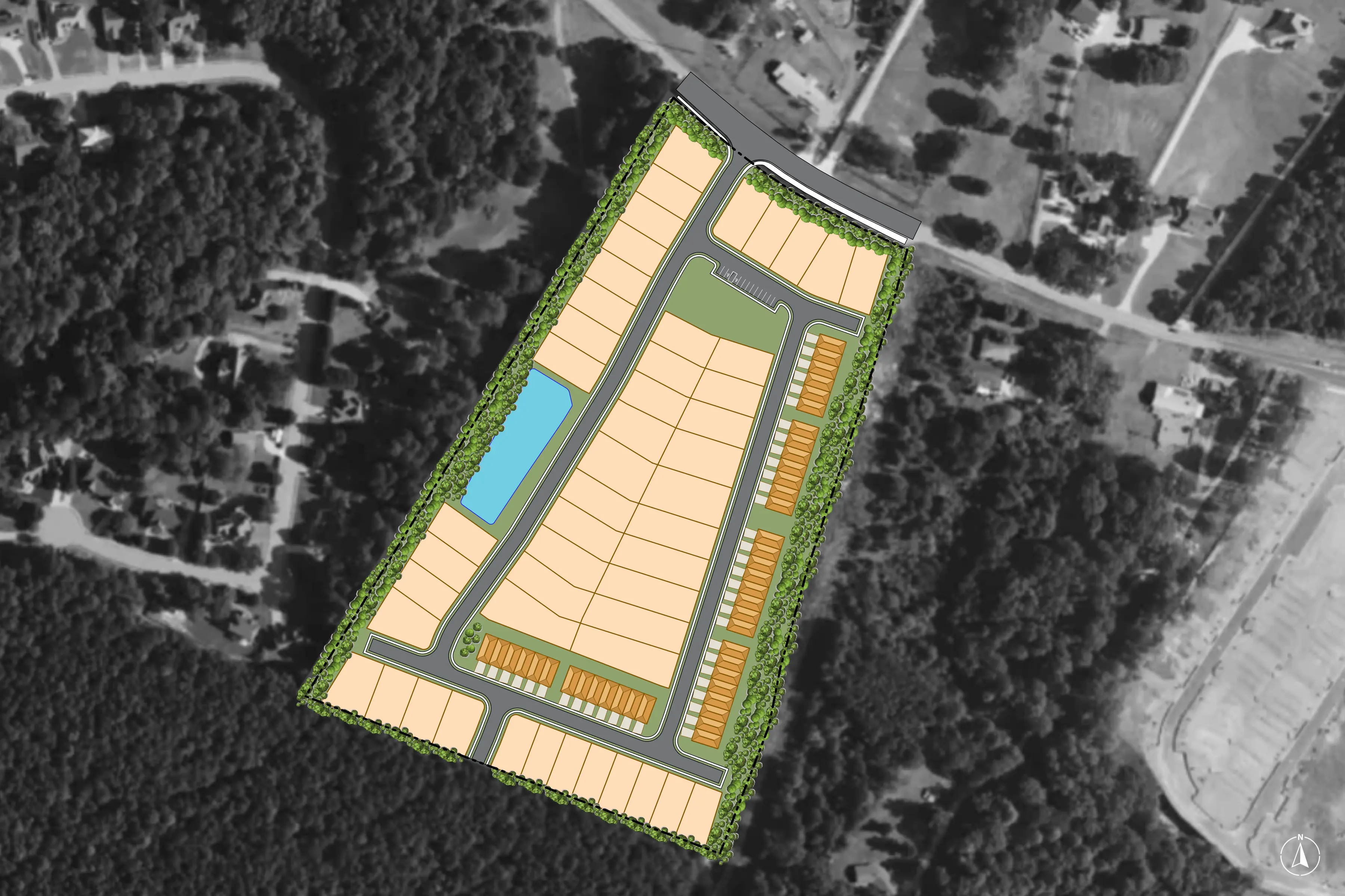 Mulberry Landing site plan showing 42 townhomes, 49 single-family detached lots, streets, open space, and a pond
